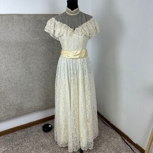 Vintage Candi Jones California Lace Maxi Dress Yellow Sash Victorian Prairie 9